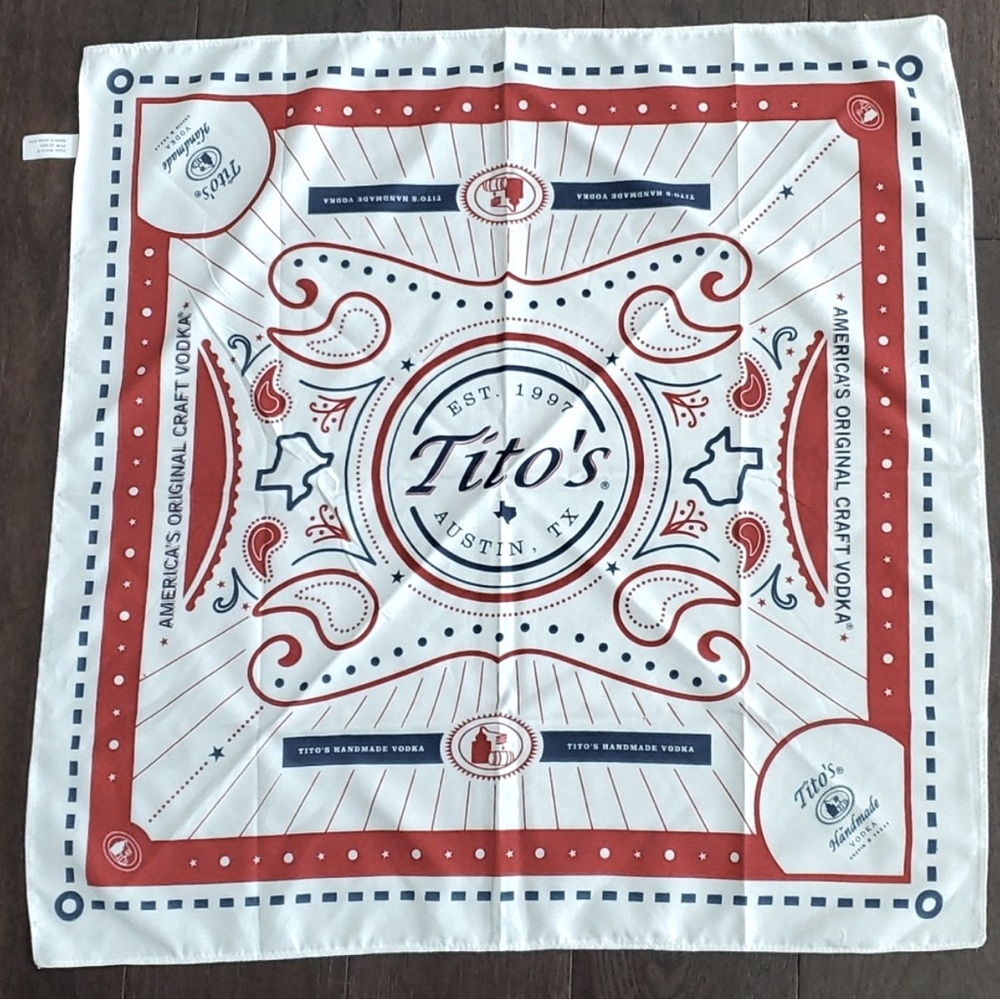 Tito’s vodka bandana handkerchief scarf USA red, white, and blue